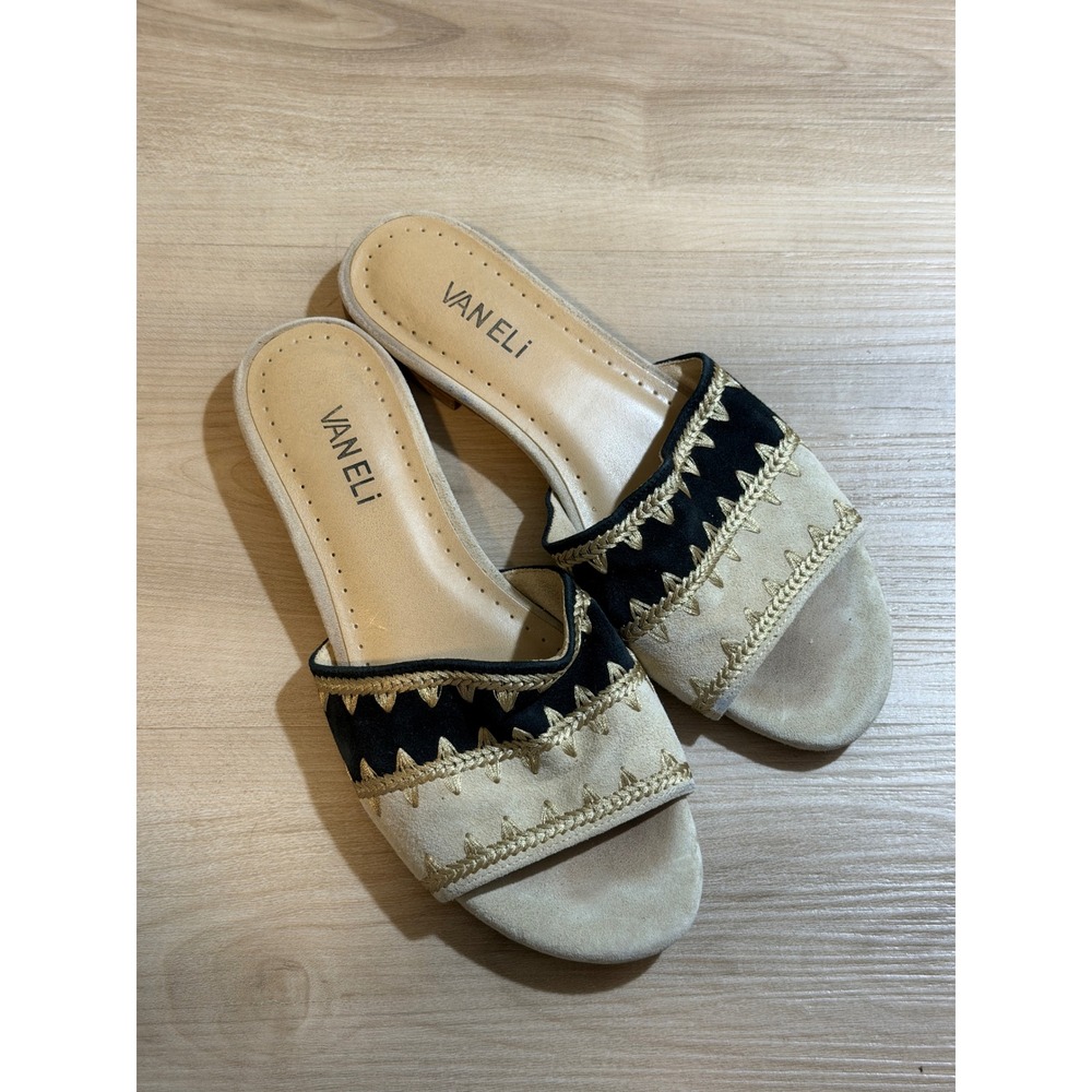 Vaneli Slides Tan Black 7.5 M Women Embroidered Suede Flat Sandals